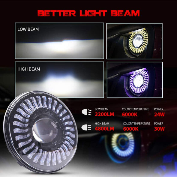 7 Inch Headlights RGB Flowing Halo Light for Jeep Wrangler JK