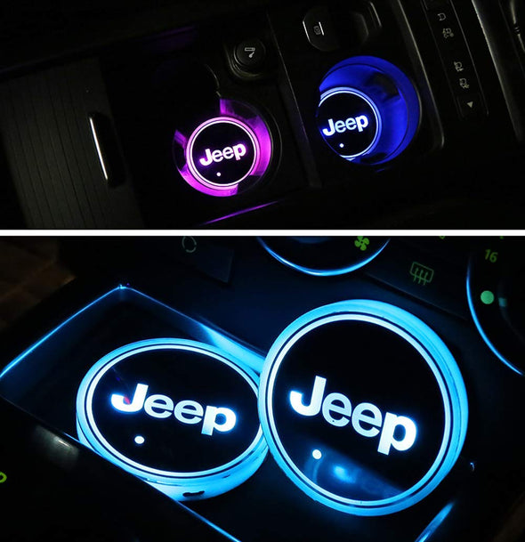 LED Car Cup Holder Lights 7 Colors Changing USB Charging Mat for Jeep (2 PCS)