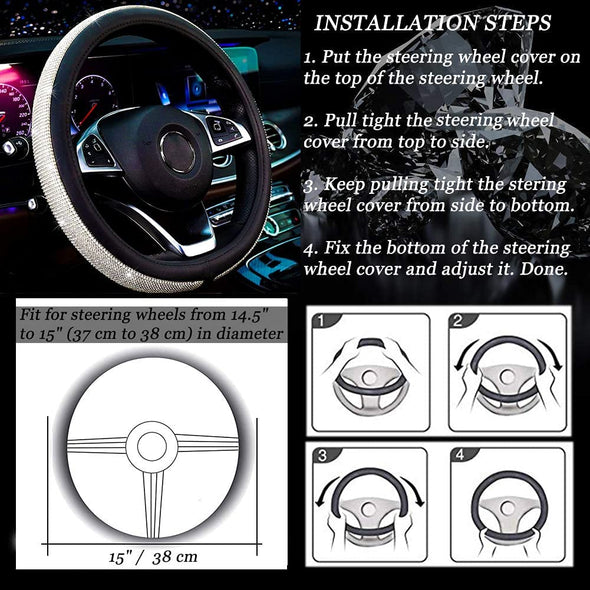 Diamond Leather Steering Wheel Cover with Bling Bling Crystal Rhinestones, Universal Fit 15 Inch