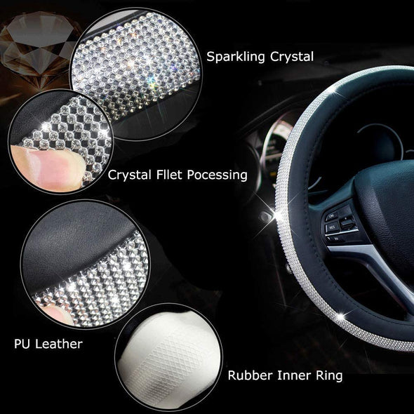 Diamond Leather Steering Wheel Cover with Bling Bling Crystal Rhinestones, Universal Fit 15 Inch