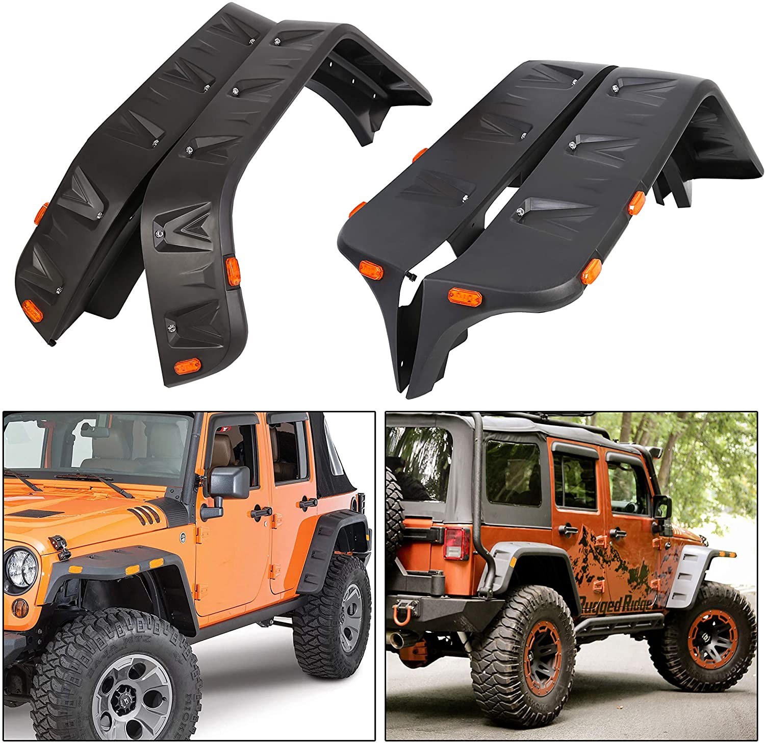 Pocket Style Rivet Front Rear Fender Flares LED For 07-18 Jeep JK 