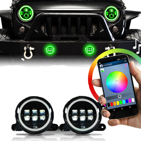 Jeep Wrangler RGB Halo LED Headlights Color Changing - Full Set: Headlights + Fog Lights