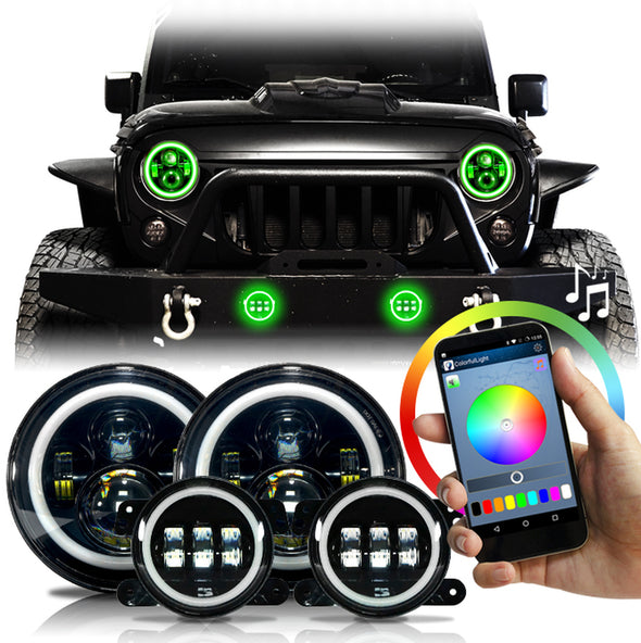 RGB Halo LED Headlights with Mounting Brackets for Jeep JL