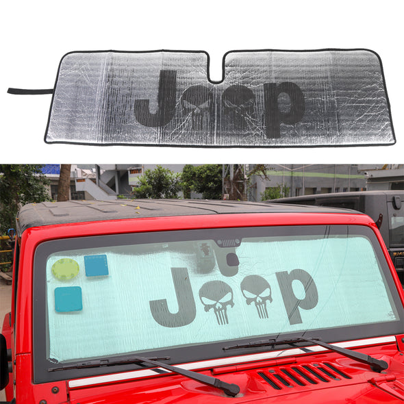 Windshield Sun Shade fit for Jeep Wrangler JK JKU Sports Sahara 2007-2018 (SILVER W/LOGO)